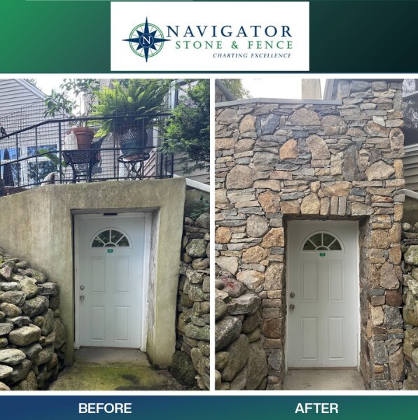 "Split image showing a before and after transformation of a building entrance. Left: plain wall and white door. Right: elegant stone façade around the same door."