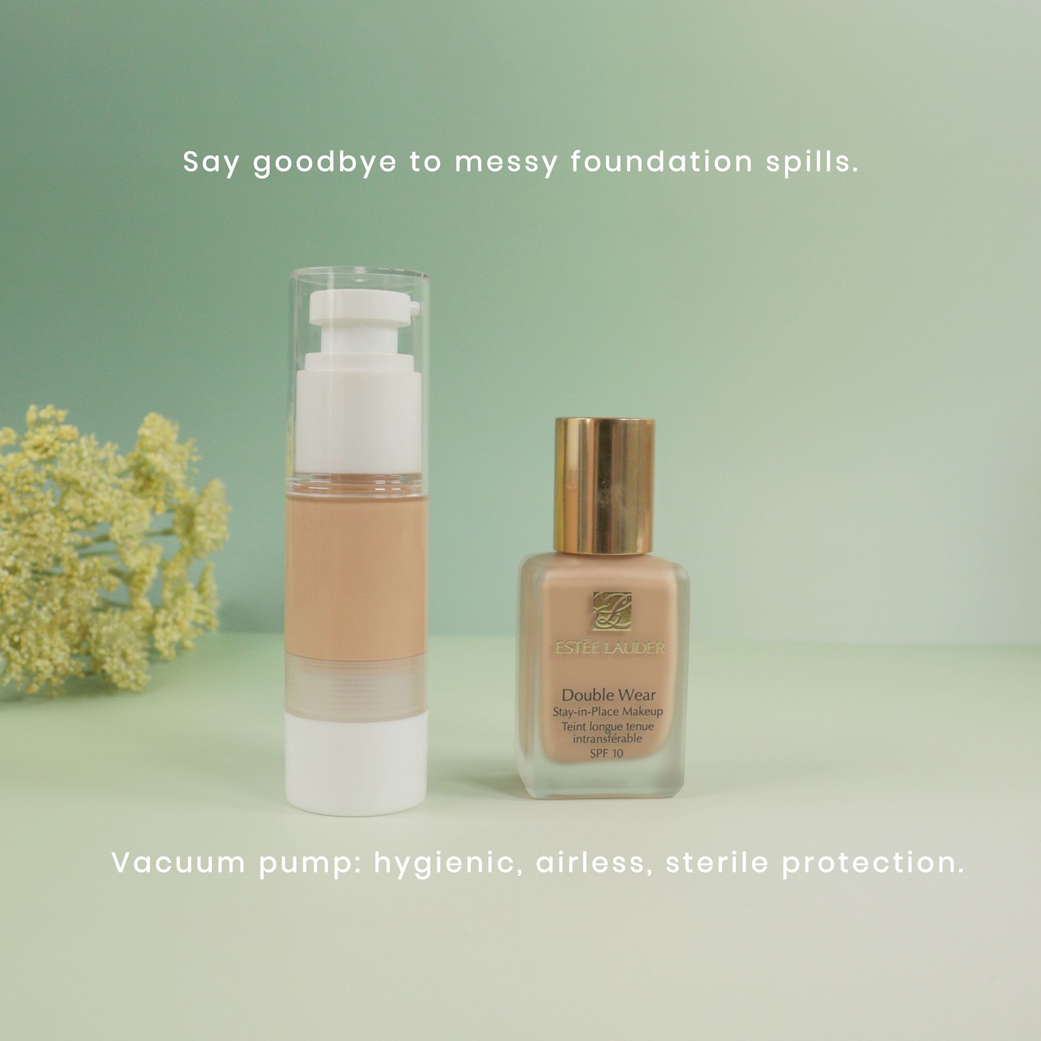 Two foundation bottles on a pale green background; one with a vacuum pump, the other standard. Text highlights "goodbye to messy spills."