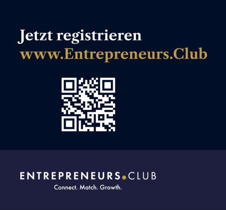 Dark blue promotion image with white and gold text reading 'Jetzt registrieren www.Entrepreneurs.Club.' Features a QR code and tagline 'Connect. Match. Growth.' below the logo.