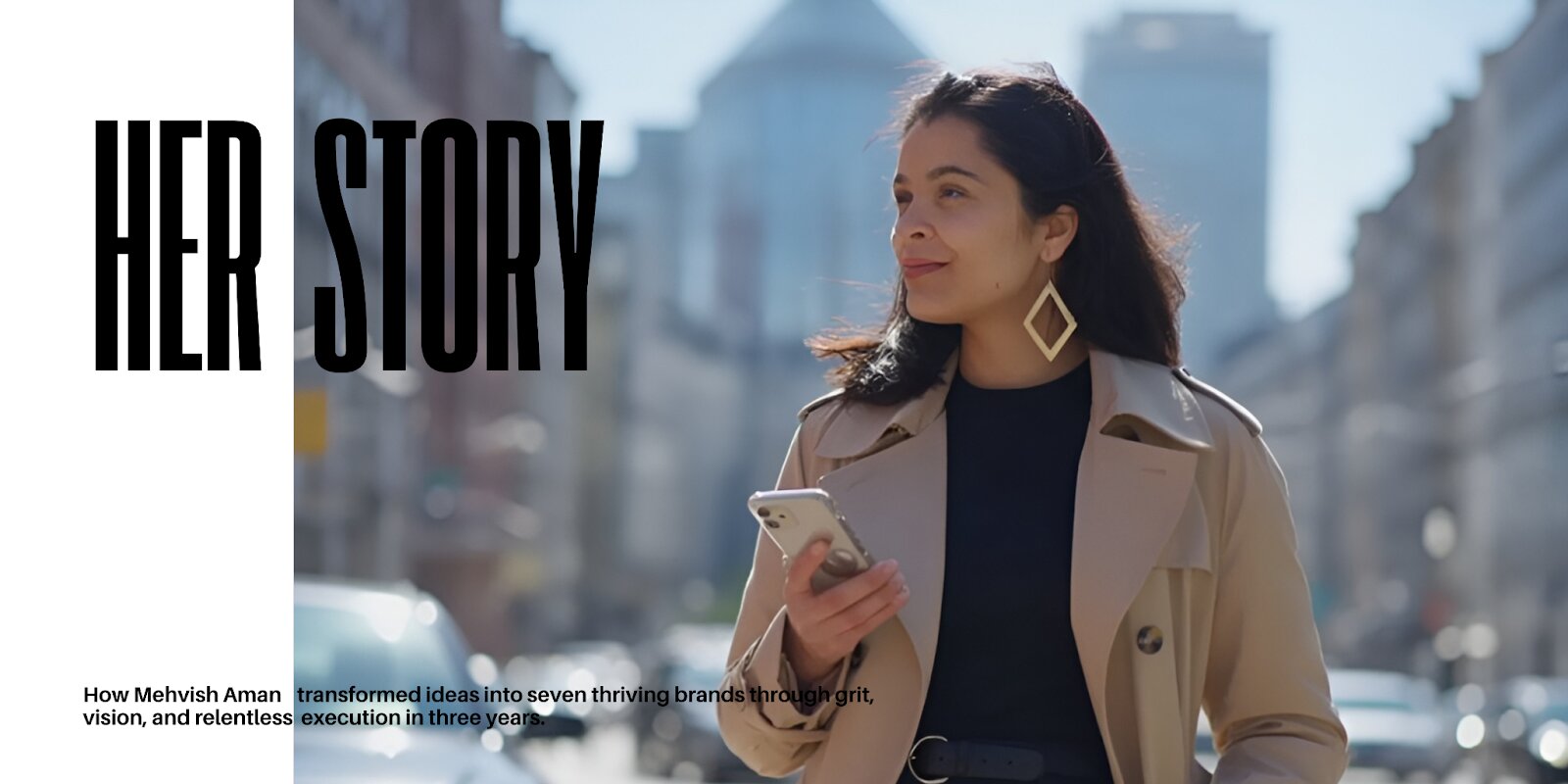 A woman looks at her phone, with "Her Story" text, representing the journey of growth and marketing strategies.