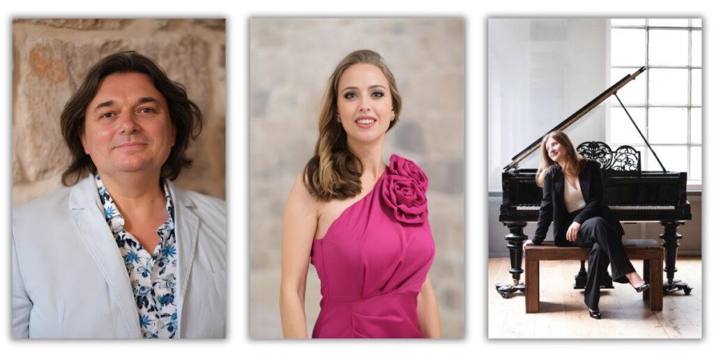 Portrait triptych features three individuals: a man in a light blazer, a woman in a pink dress, and another woman seated at a grand piano.