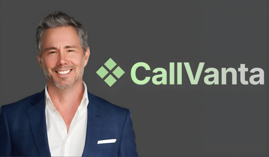 Smiling man in a blue suit against a gray background. To his right, the "CallVanta" logo in green and gray with a geometric symbol. Professional tone.