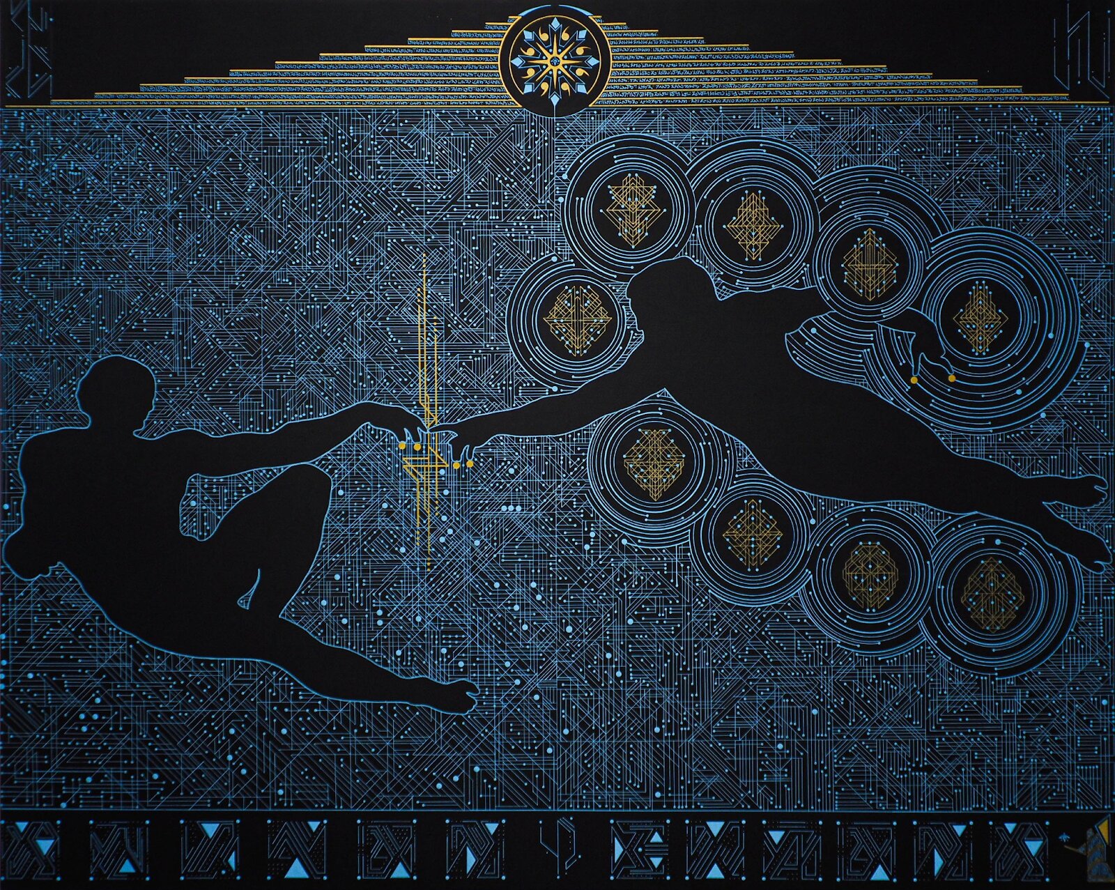 Silhouetted figures reach towards each other in a digital, circuit-like pattern resembling the Sistine Chapel. It conveys connection and modernity.