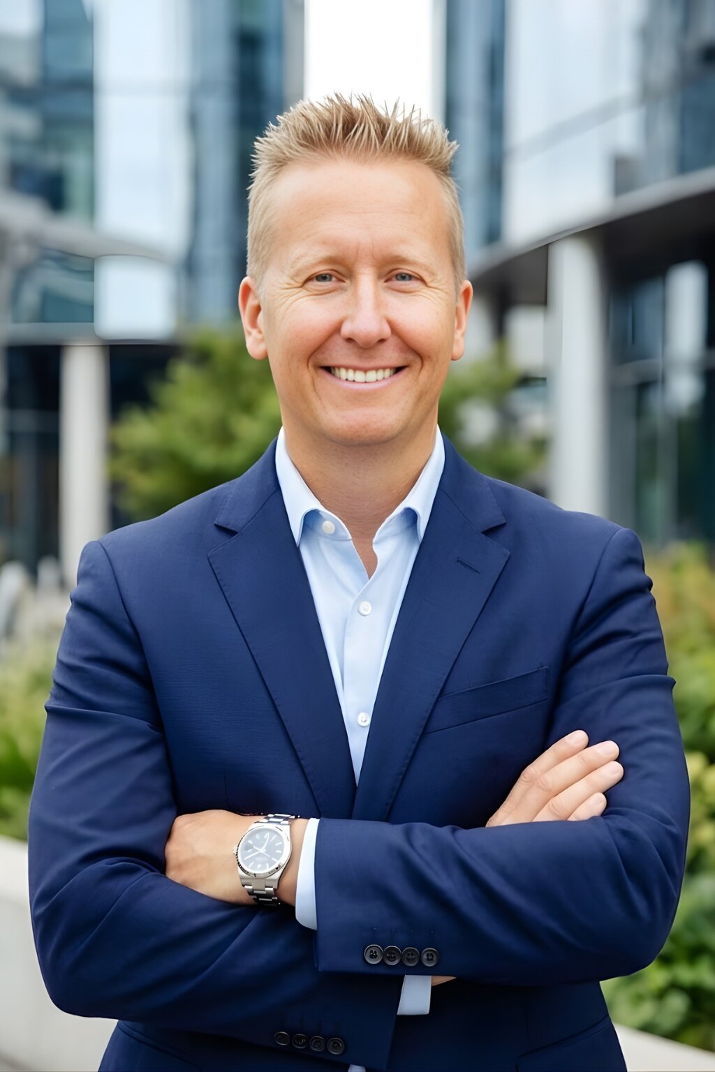 Smiling man in a dark blue suit stands confidently with arms crossed, set against a backdrop of modern glass buildings and greenery.