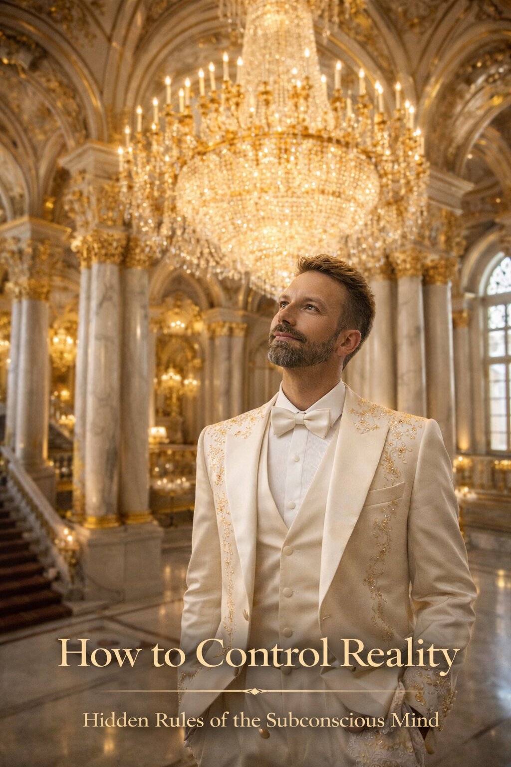A well-dressed man in an ornate ballroom with a grand chandelier, wearing an elegant white suit. The setting conveys luxury and opulence.