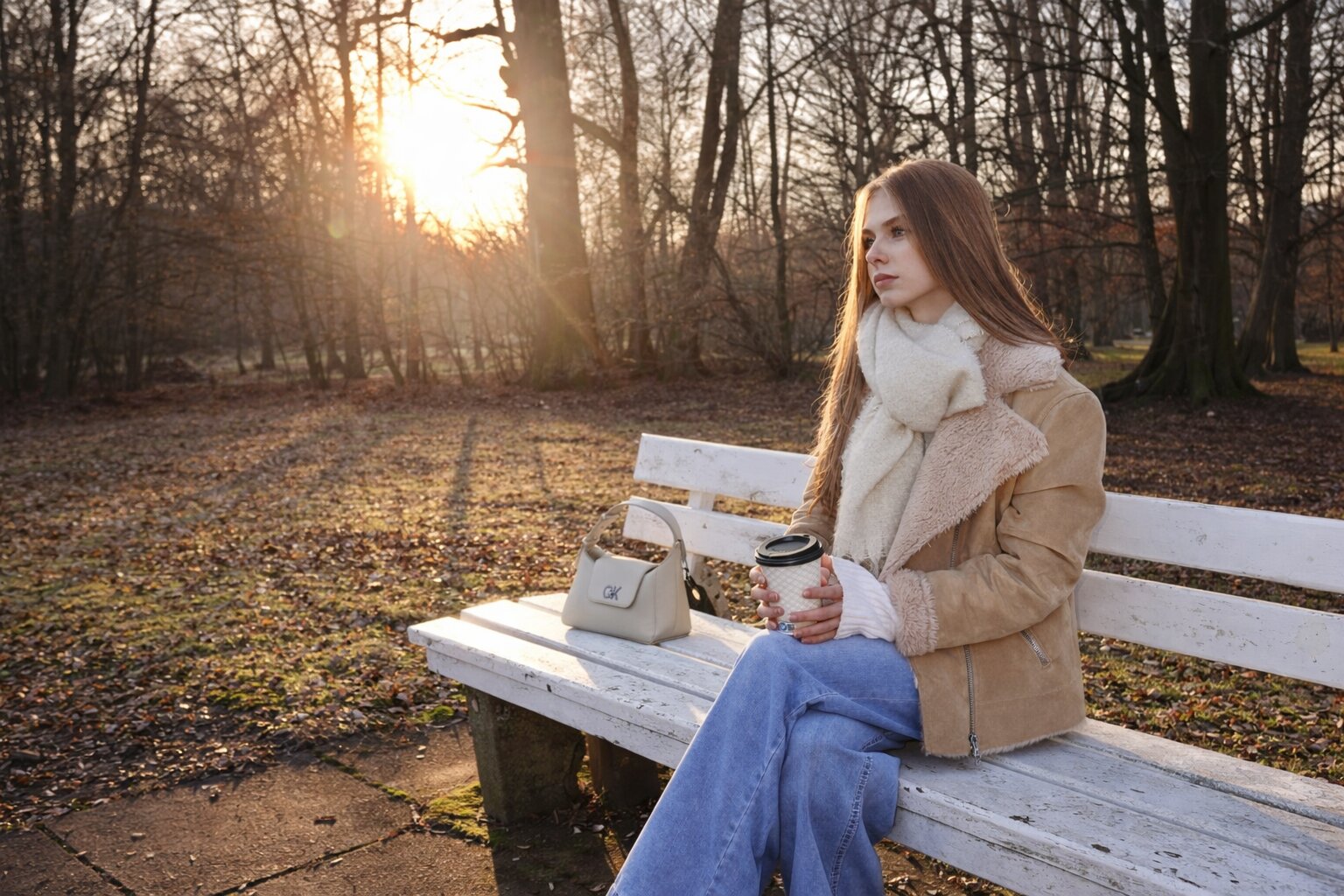 A woman in a cozy shearling coat and scarf sits pensively on a white park bench holding a coffee cup. The sun sets behind leafless trees.