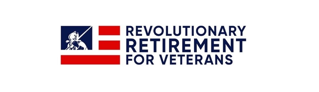 Logo with a navy silhouette of a Revolutionary War soldier and red stripes, alongside the text "Revolutionary Retirement for Veterans," conveying patriotism and support.