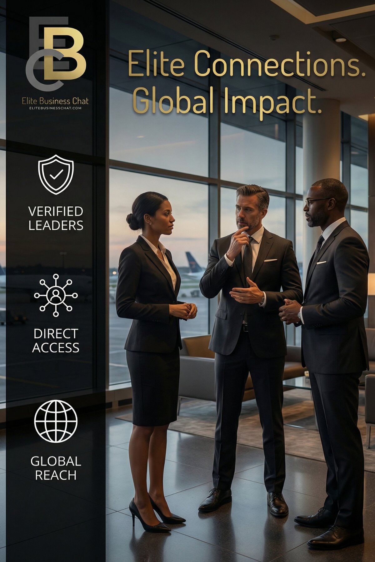 Business professionals in suits converse in an airport lounge. Text reads "Elite Connections. Global Impact." Icons highlight leadership and global reach.