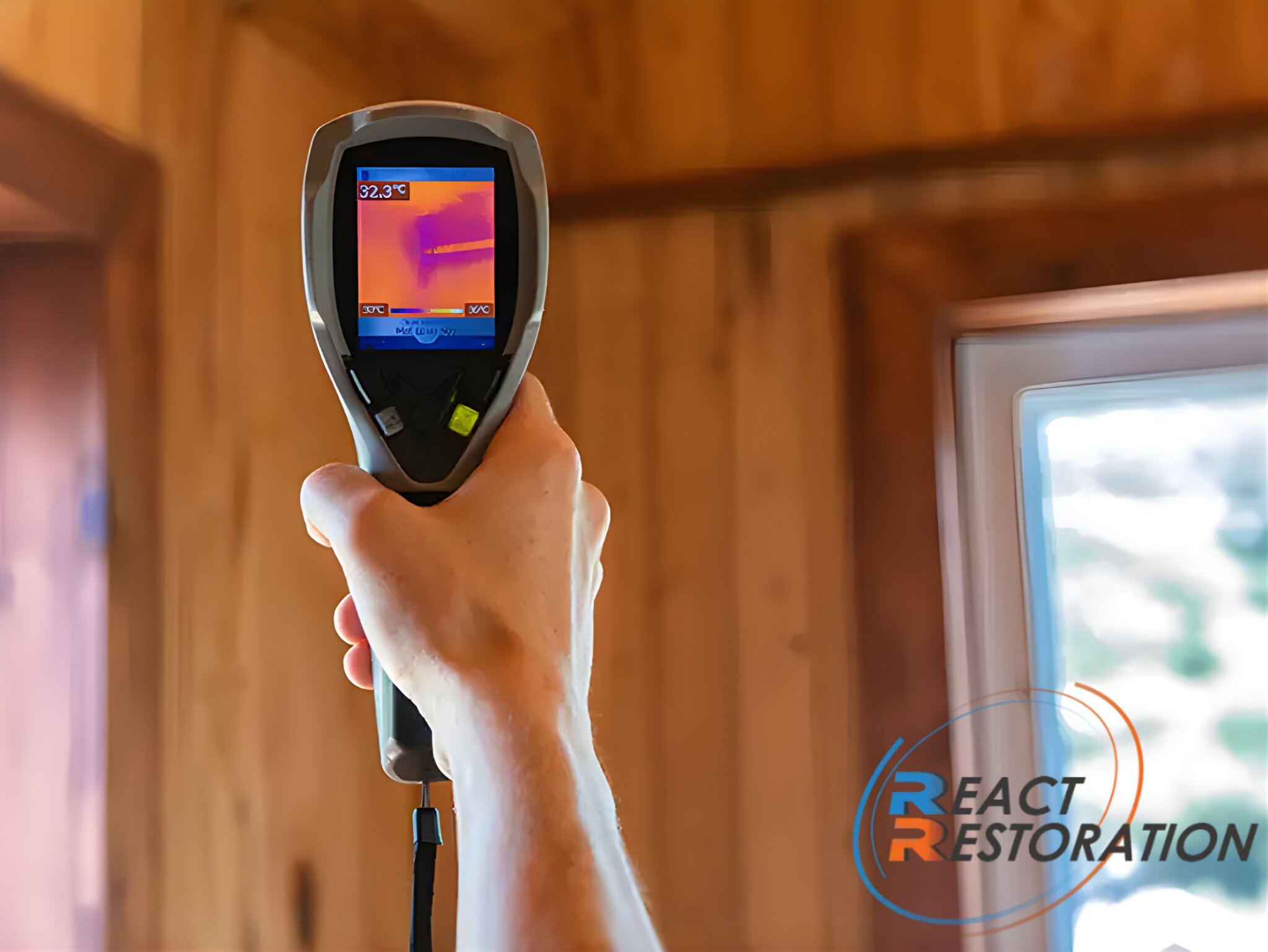 A hand holds an infrared thermal camera showing temperature variations in a wooden room. The vibrant screen contrasts with the warm wood tones.