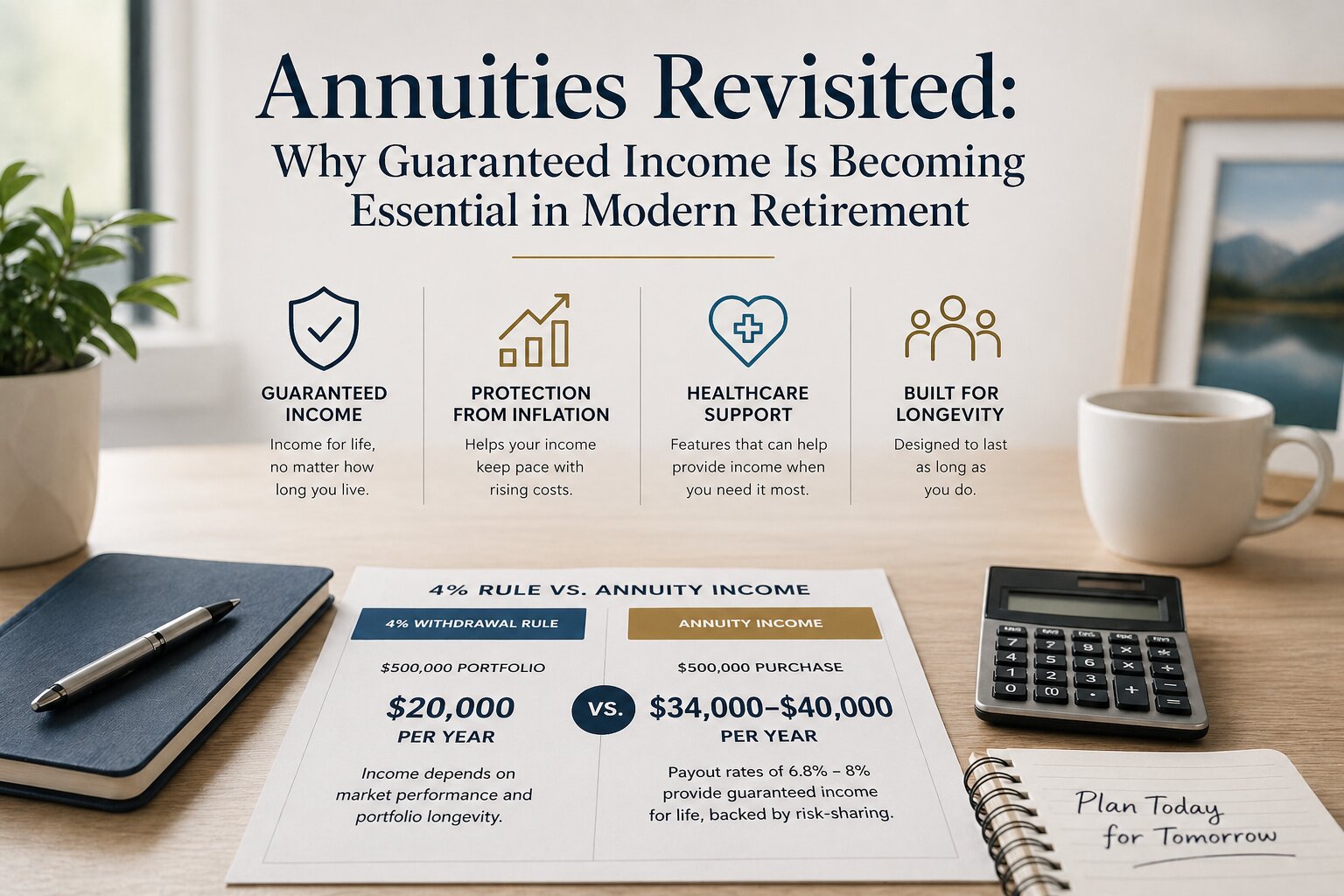 "Infographic titled 'Annuities Revisited' highlights guaranteed income benefits for retirement, comparing 4% withdrawal vs annuity income. Items on a table include a notebook, pen, calculator, coffee cup, and plant, with text emphasizing income security, inflation protection, healthcare support, and longevity."
