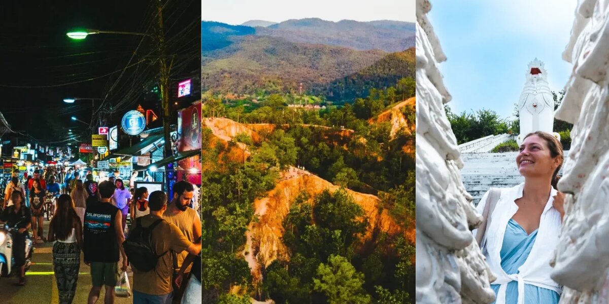 Composite image of three scenes: bustling night market with people and neon lights; lush green hills and red earth paths; smiling woman in a serene temple setting.