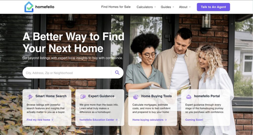 Homefello logo on a website, promoting an all-in-one platform for simplifying the homebuying process in Michigan.