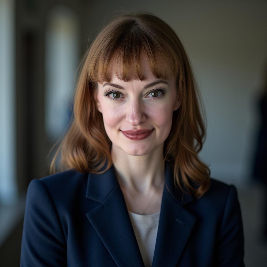 A woman with red hair in a blue suit, representing leadership in healthcare innovation and collaboration.