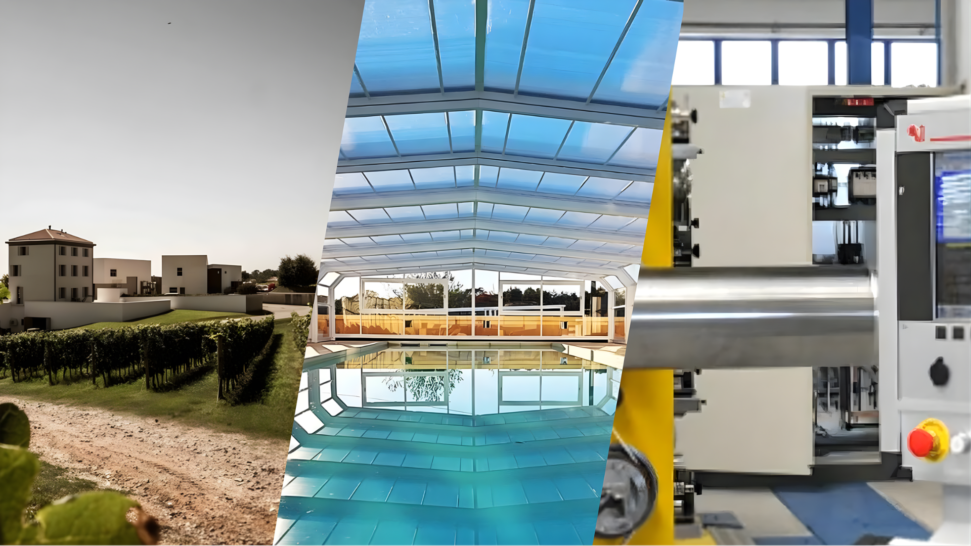 Split image showing Italian villa vineyard, indoor pool enclosure, and industrial machinery representing diverse Made in Italy sectors.
