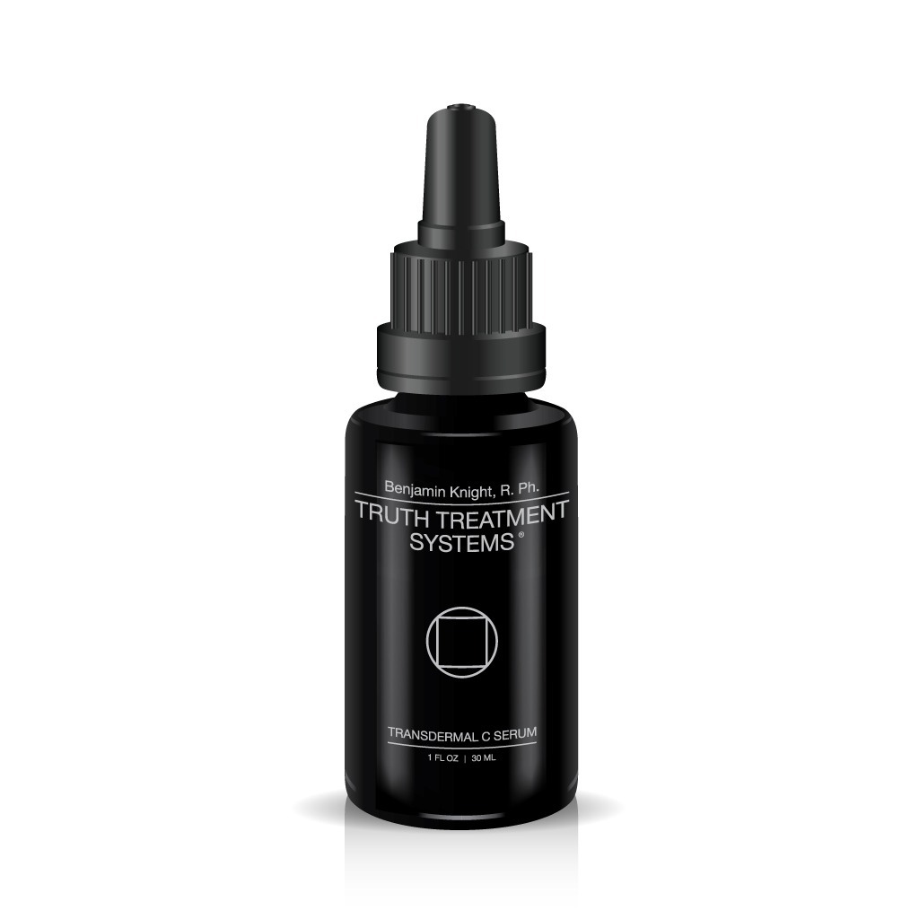Black bottle of Transdermal C Serum, a fat-soluble Vitamin C product for healthier, resilient skin with active ingredients.