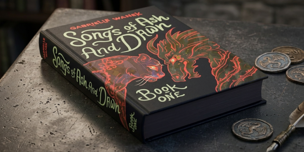 A book titled "Songs of Ash and Dawn" with fantasy artwork on the cover.