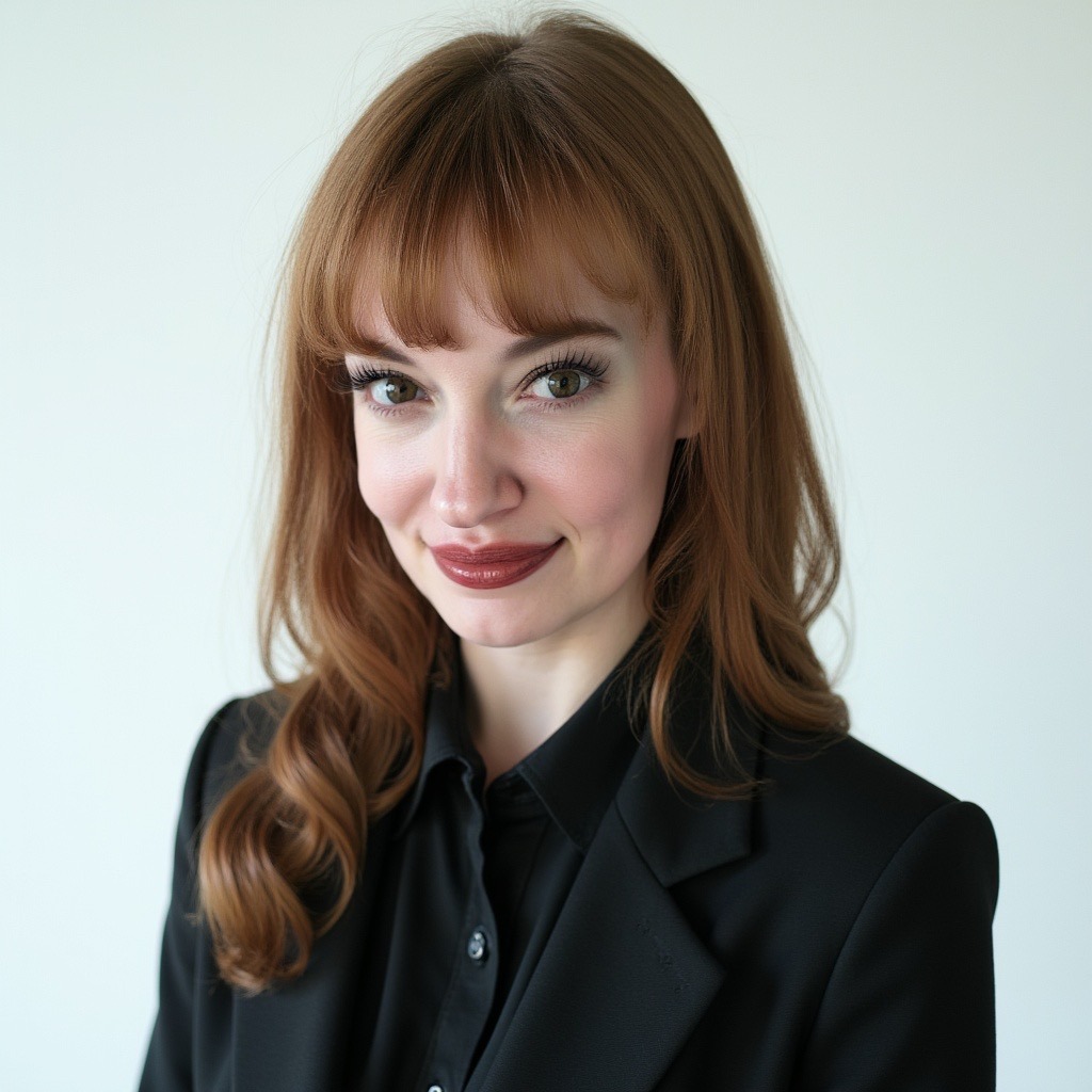 A woman with red hair in a black suit, representing leadership in healthcare innovation and cross-functional collaboration.