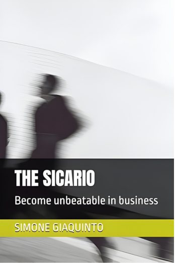 Blurred silhouette of walking figures with book cover text “The Sicario” and subtitle about business dominance.