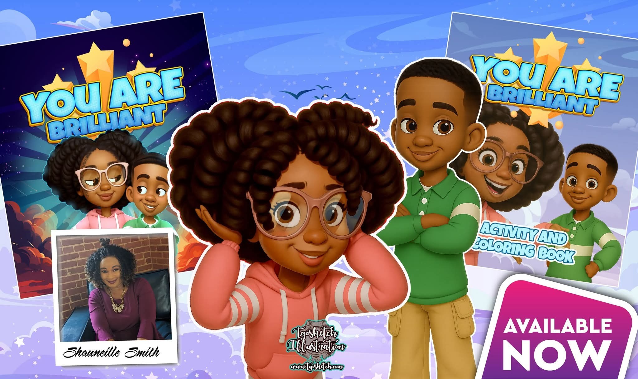 Colorful illustration promoting “You Are Brilliant” children’s activity book with diverse cartoon kids and author photo.