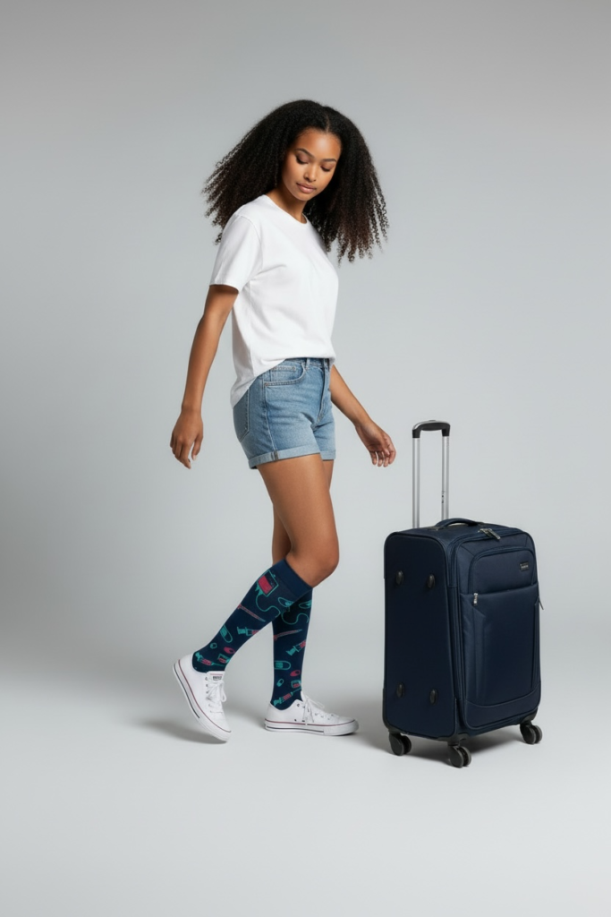 Woman in a white tee and shorts with travel-themed compression socks, walking with a suitcase.