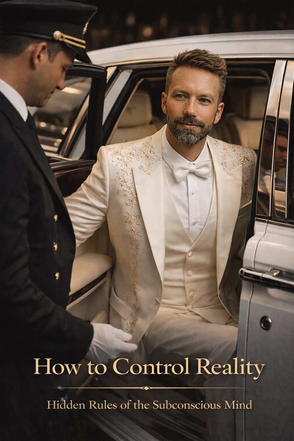 A man in an elegant white suit steps out of a luxury car, assisted by a chauffeur in uniform. The scene exudes sophistication and exclusivity. Text reads: "How to Control Reality: Hidden Rules of the Subconscious Mind."