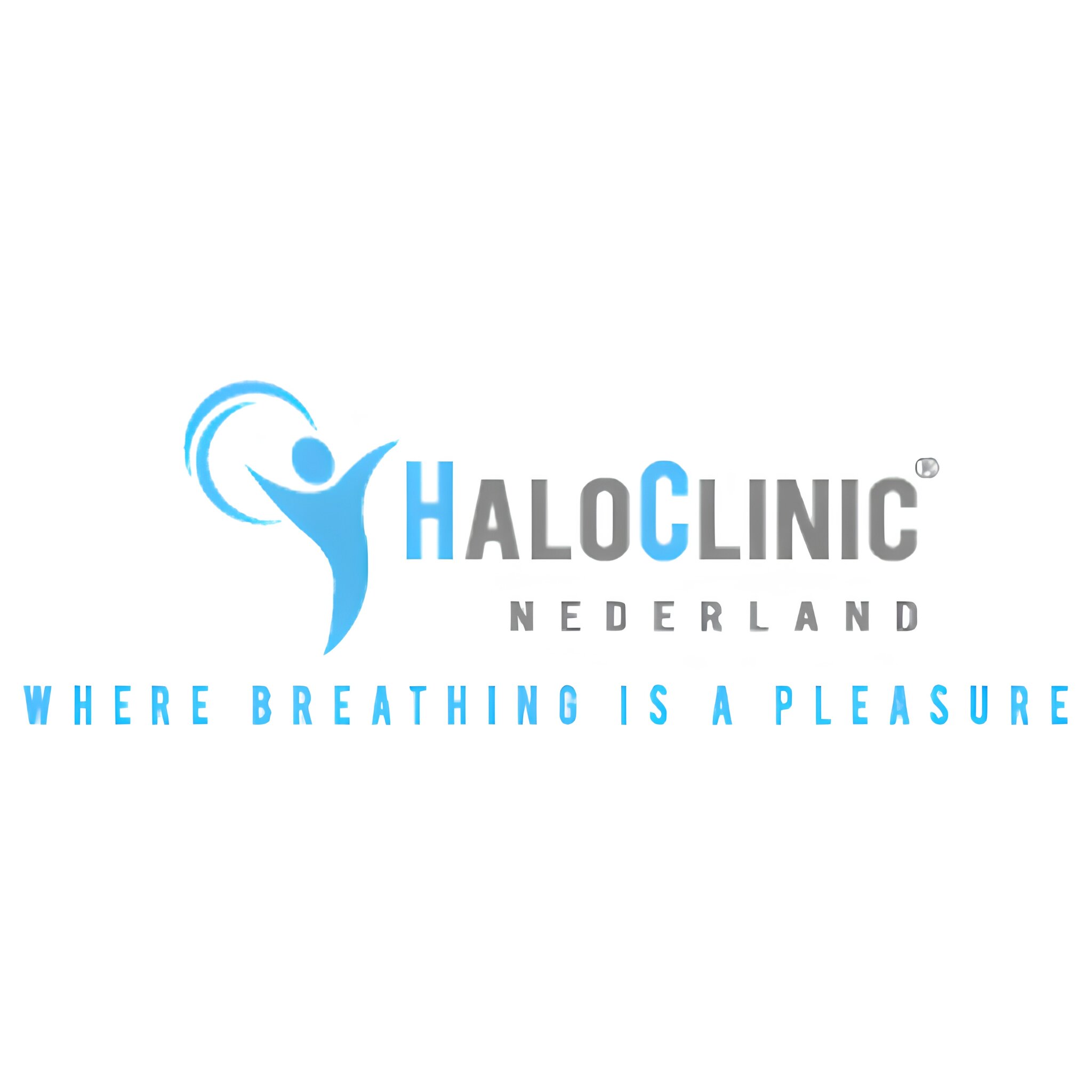 Logo for HaloClinic Nederland featuring a stylized blue figure with swirling lines, the tagline "Where Breathing Is a Pleasure" beneath in blue text.