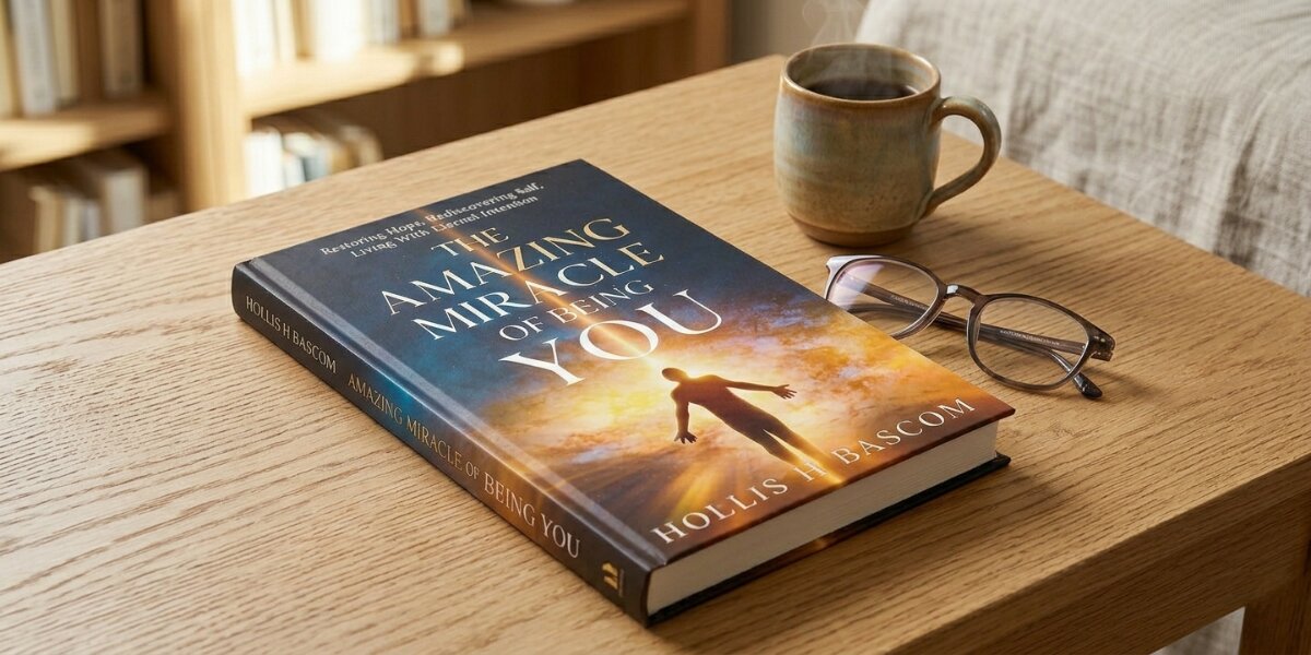 A book titled "The Amazing Miracle of Being You" rests on a wooden table beside glasses and a steaming mug, evoking a cozy and reflective atmosphere.