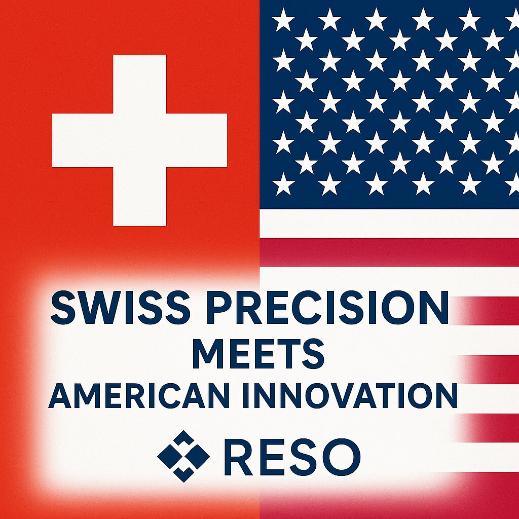 Split image of Swiss and American flags with text "Swiss Precision Meets American Innovation" and "RESO" below, symbolizing collaboration.