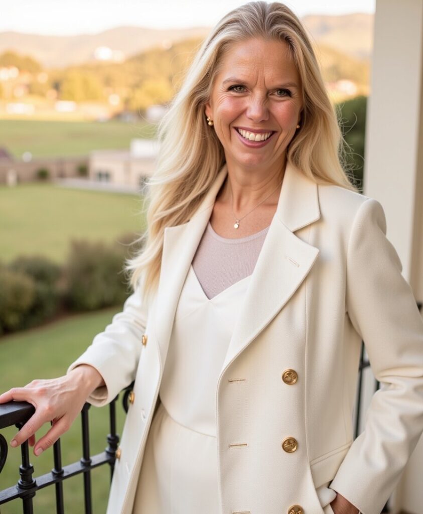 A smiling woman with long blonde hair stands on a balcony wearing a white suit. The background features a blurred view of a grassy landscape and hills.