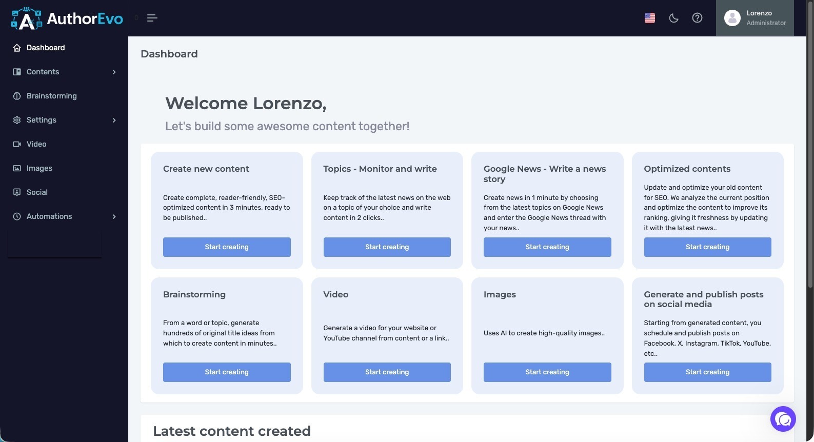 AuthorEvo dashboard showing content creation tools, topics, SEO, social publishing, and user welcome panel.