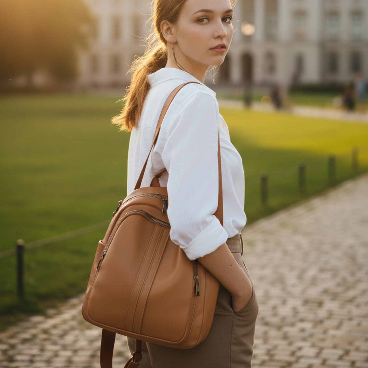 A young woman with a brown leather backpack stands on a cobblestone path, wearing a white shirt and beige pants. The background shows a sunlit lawn and building.
