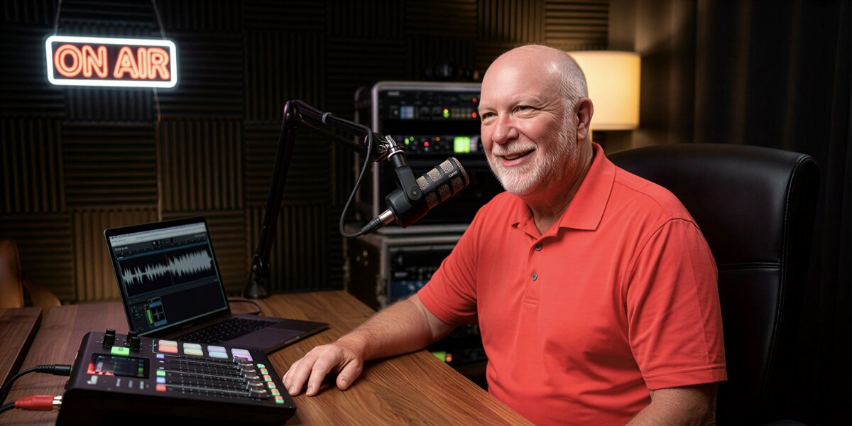 A bald man sits at a desk with a microphone and computer, embodying a CFP® professional dedicated to veteran retirement planning.