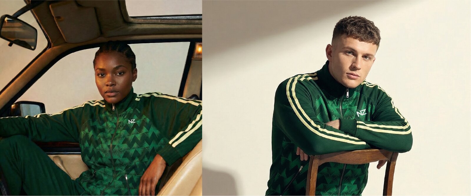 A man and woman sit in a car, both smiling, showcasing a casual and relaxed atmosphere, reflecting a lifestyle brand vibe.