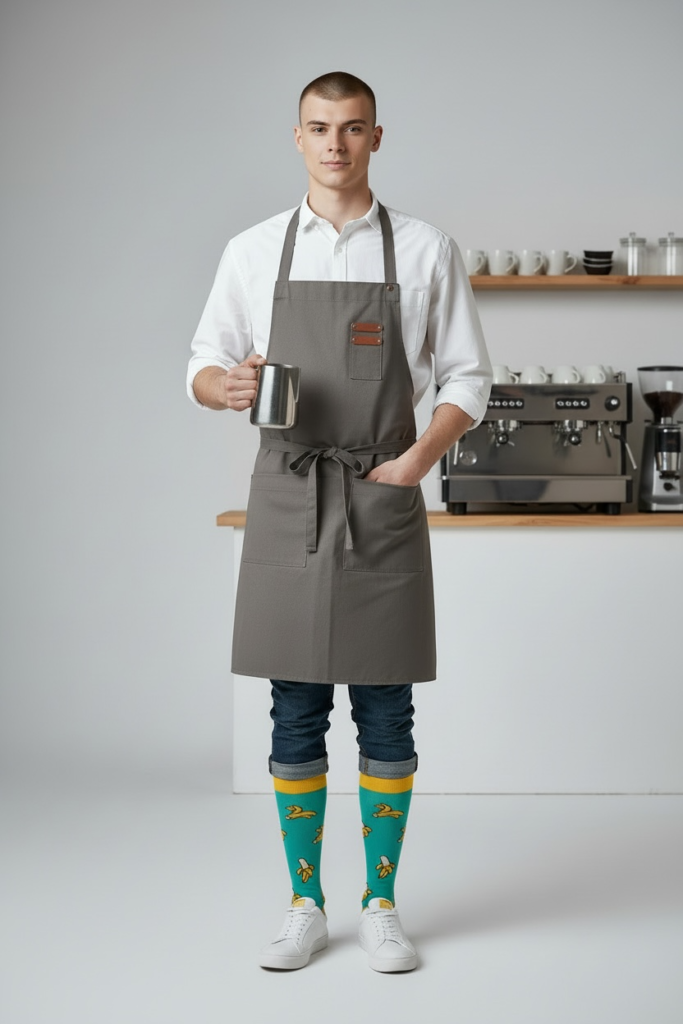 Young man in an apron with banana-patterned socks, standing in a café.
