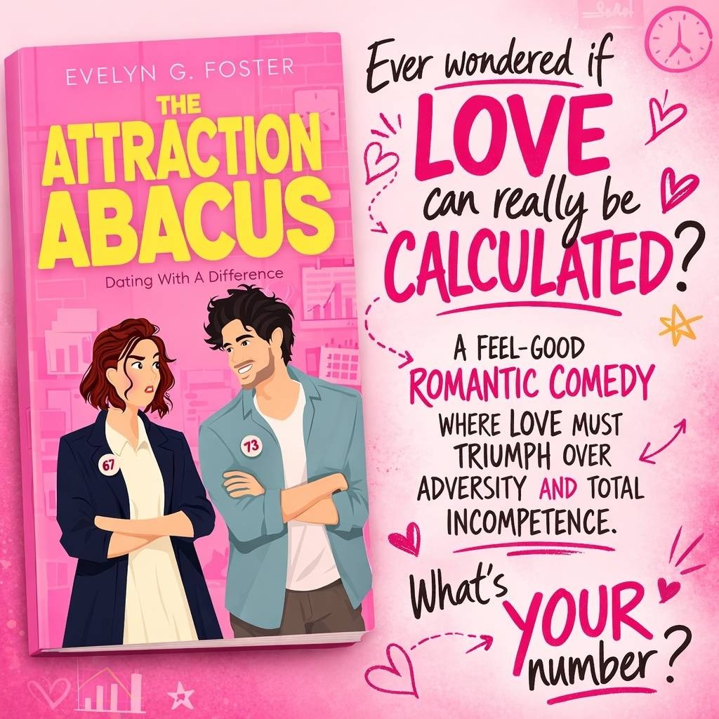 A pink book cover for "The Attraction Abacus" featuring a man and woman with numbers on their shirts. Energetic, humorous text asks if love can be calculated.