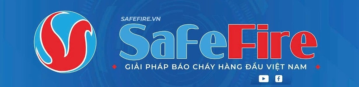 Blue banner featuring the SafeFire logo with red and blue flame icon. Text reads "Giải pháp báo cháy hàng đầu Việt Nam." Calm and professional tone.