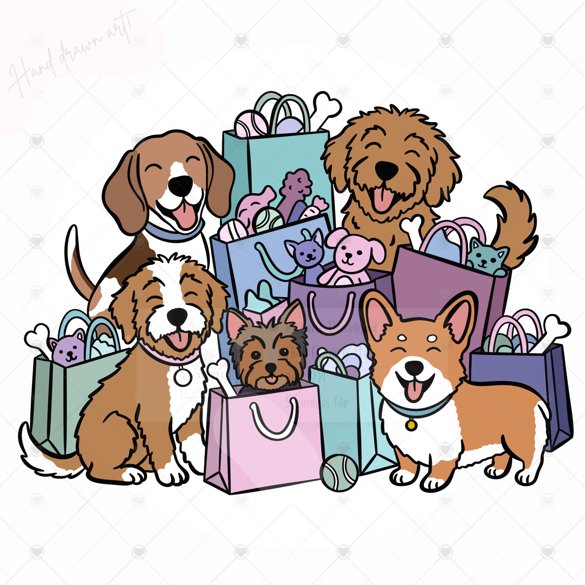 Colorful illustration of five dogs surrounded by shopping bags filled with toys and treats.