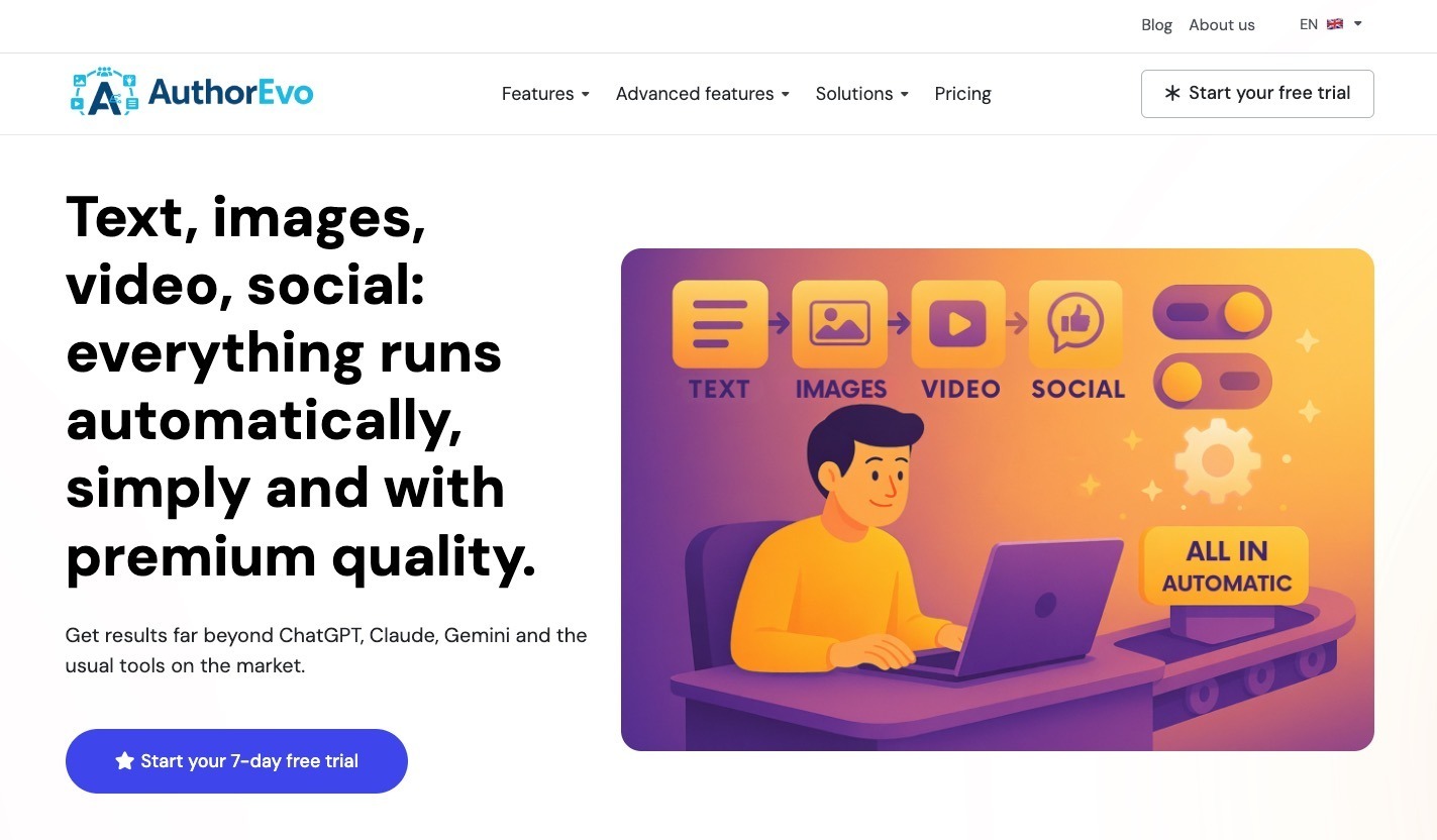 AuthorEvo homepage with automation headline and illustration of AI generating text, images, video, and social content.