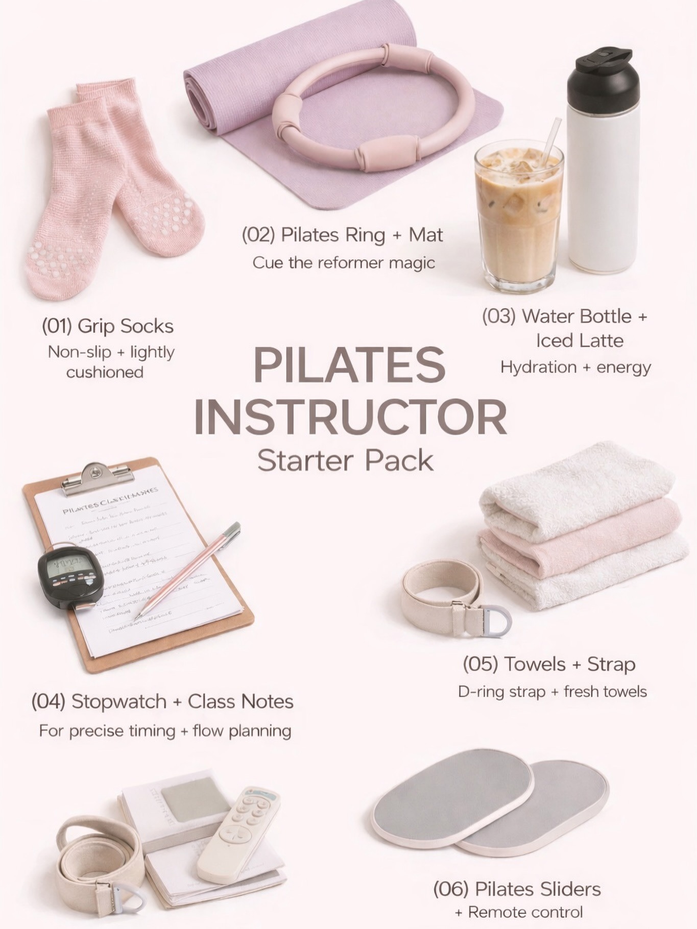 Pilates instructor starter pack with pink grip socks, a pilates ring and mat, iced latte, water bottle, clipboard with notes, stopwatch, towels, and sliders.
