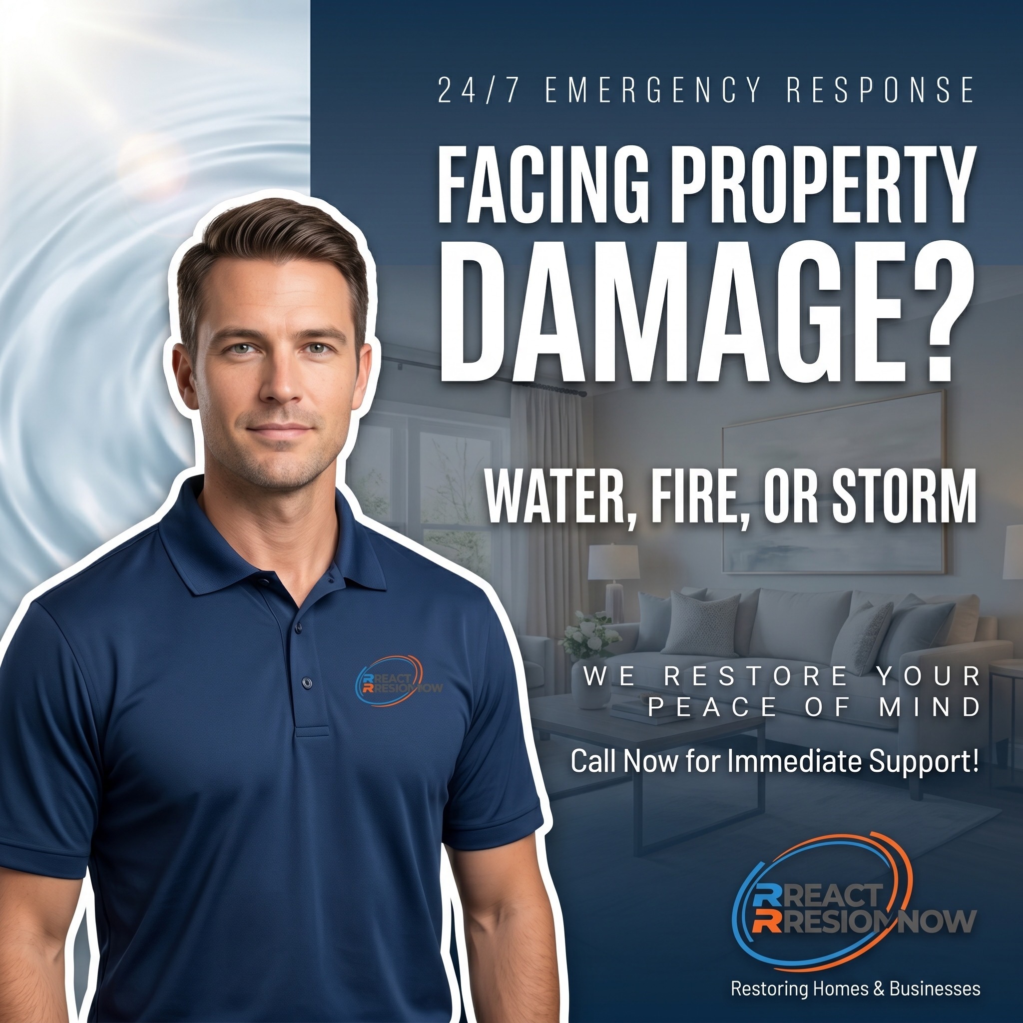 Man in navy polo shirt with logo stands confidently in front of living room. Text: "Facing Property Damage? Water, Fire, or Storm. Immediate Support."