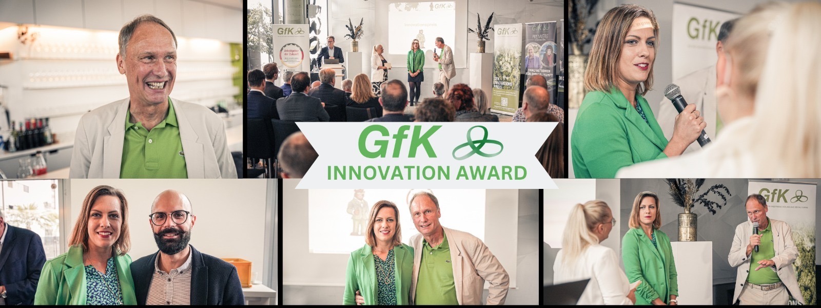 Multiphoto collage of the GfK Innovation Award event. Includes a smiling speaker, award ceremony, audience, and presenters in a lively setting.