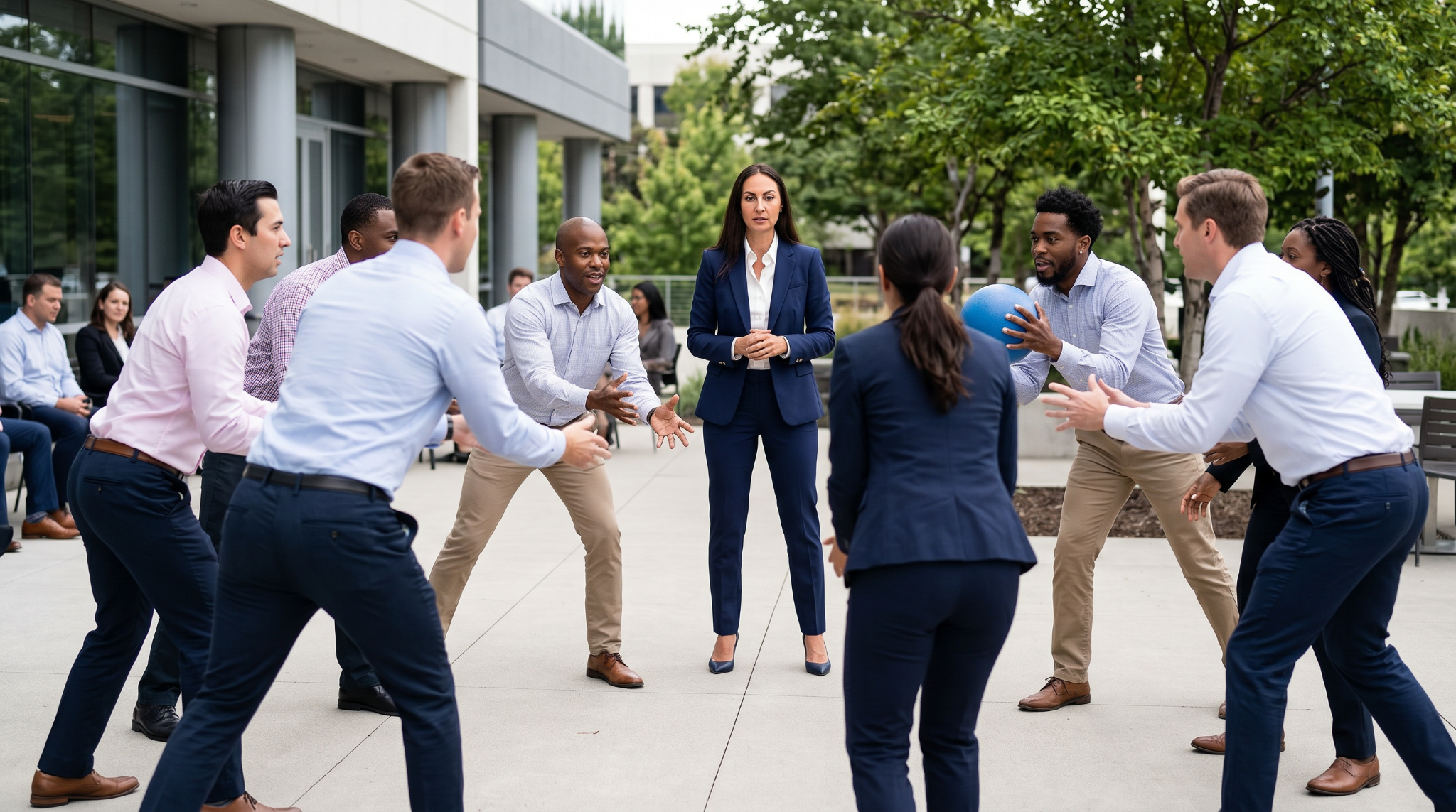 Business team standing in circle outdoors, tossing ball during team-building exercise led by woman in suit.