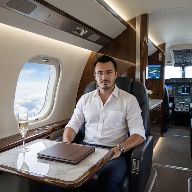 Man seated in private jet cabin with champagne and tablet, representing high-end travel and elite status.