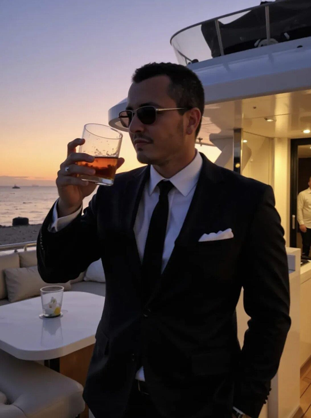 Man in suit sipping whiskey on yacht at sunset, conveying luxury lifestyle and exclusivity.