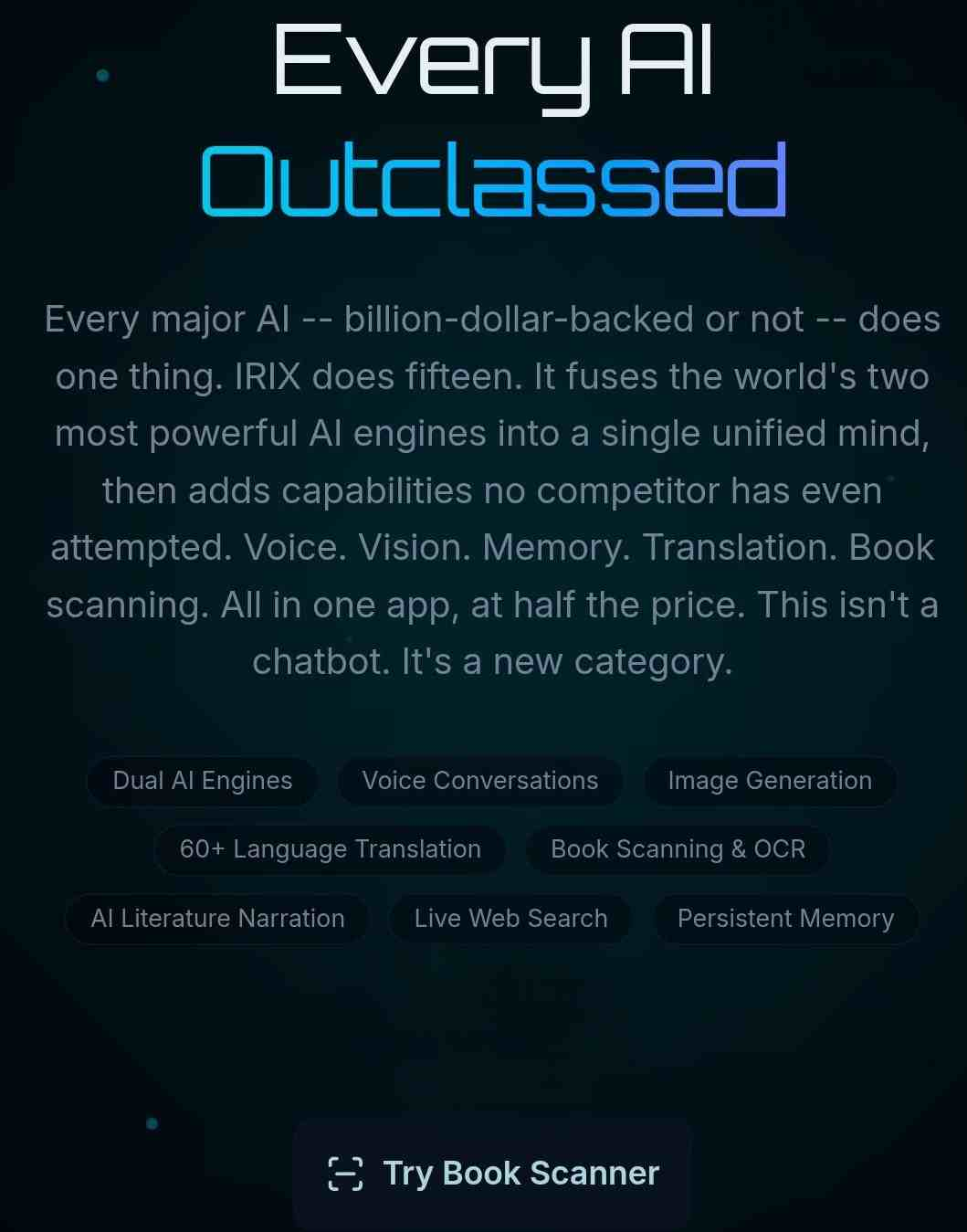 Promotional screen stating “Every AI Outclassed” with features like voice, vision, memory, and translation.