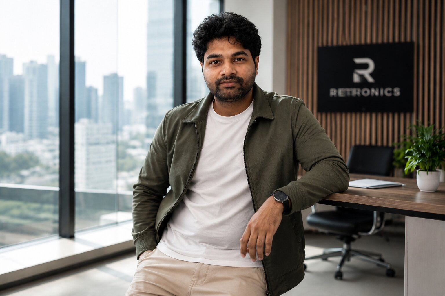 Entrepreneur standing in modern office with city skyline and Retronics logo in background.