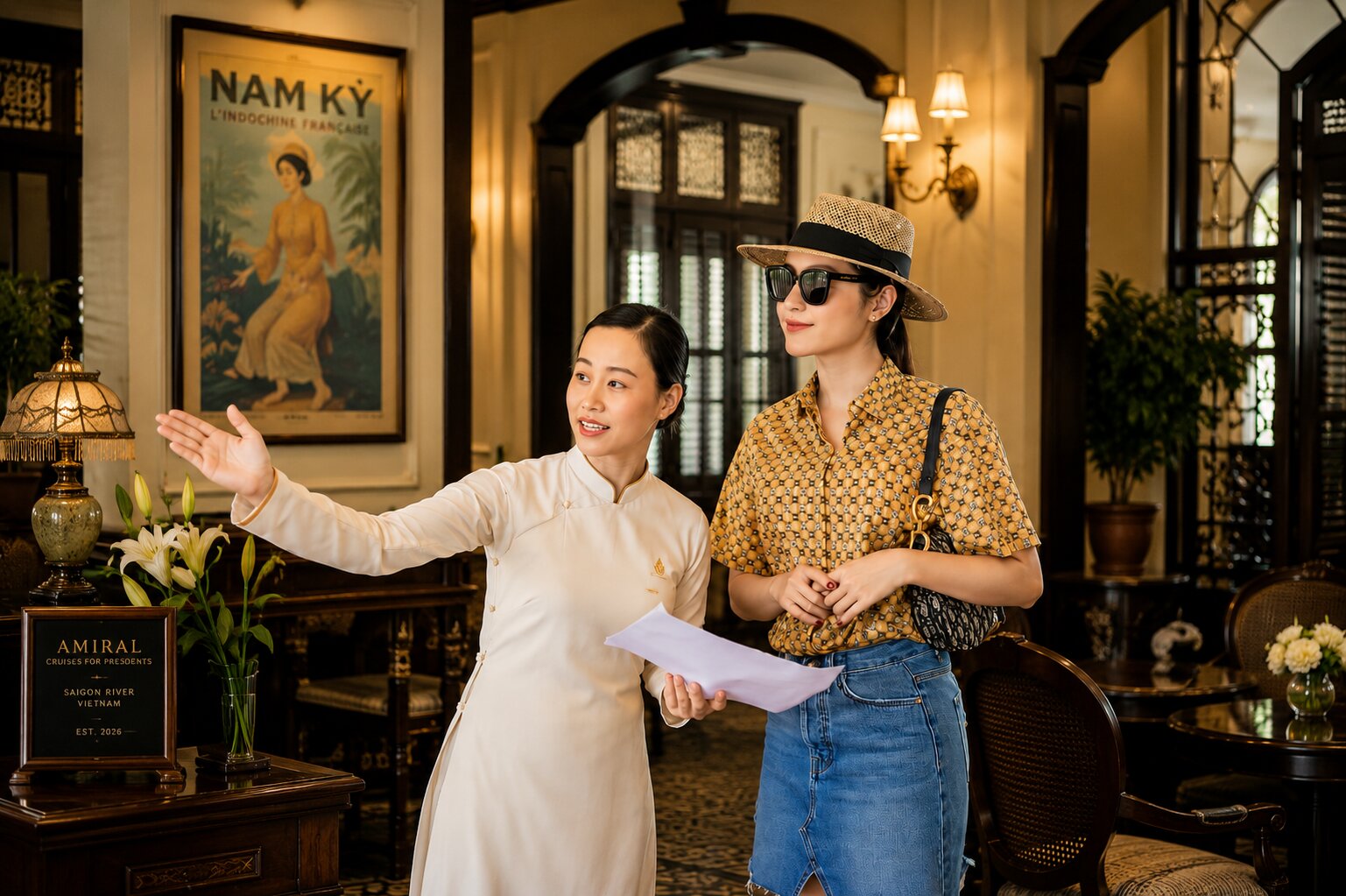 Hotel staff welcoming guest inside elegant Saigon River cruise lounge with colonial-inspired décor.