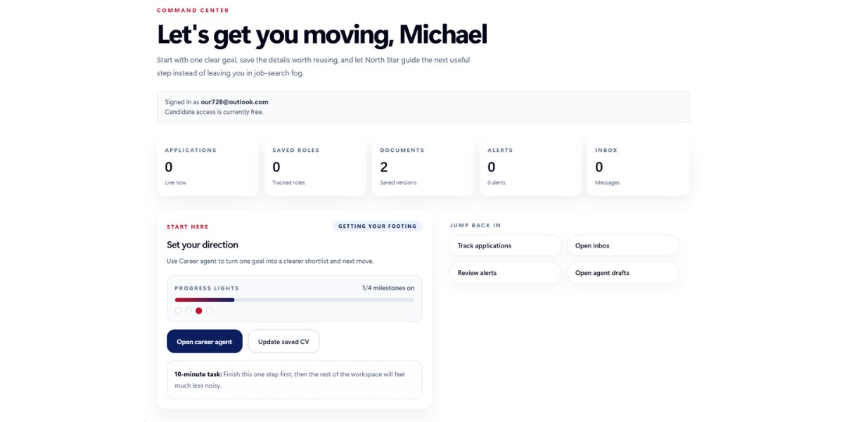 North Star Job Hunt command center dashboard with application tracking, saved roles, and AI-powered career workflow tools.