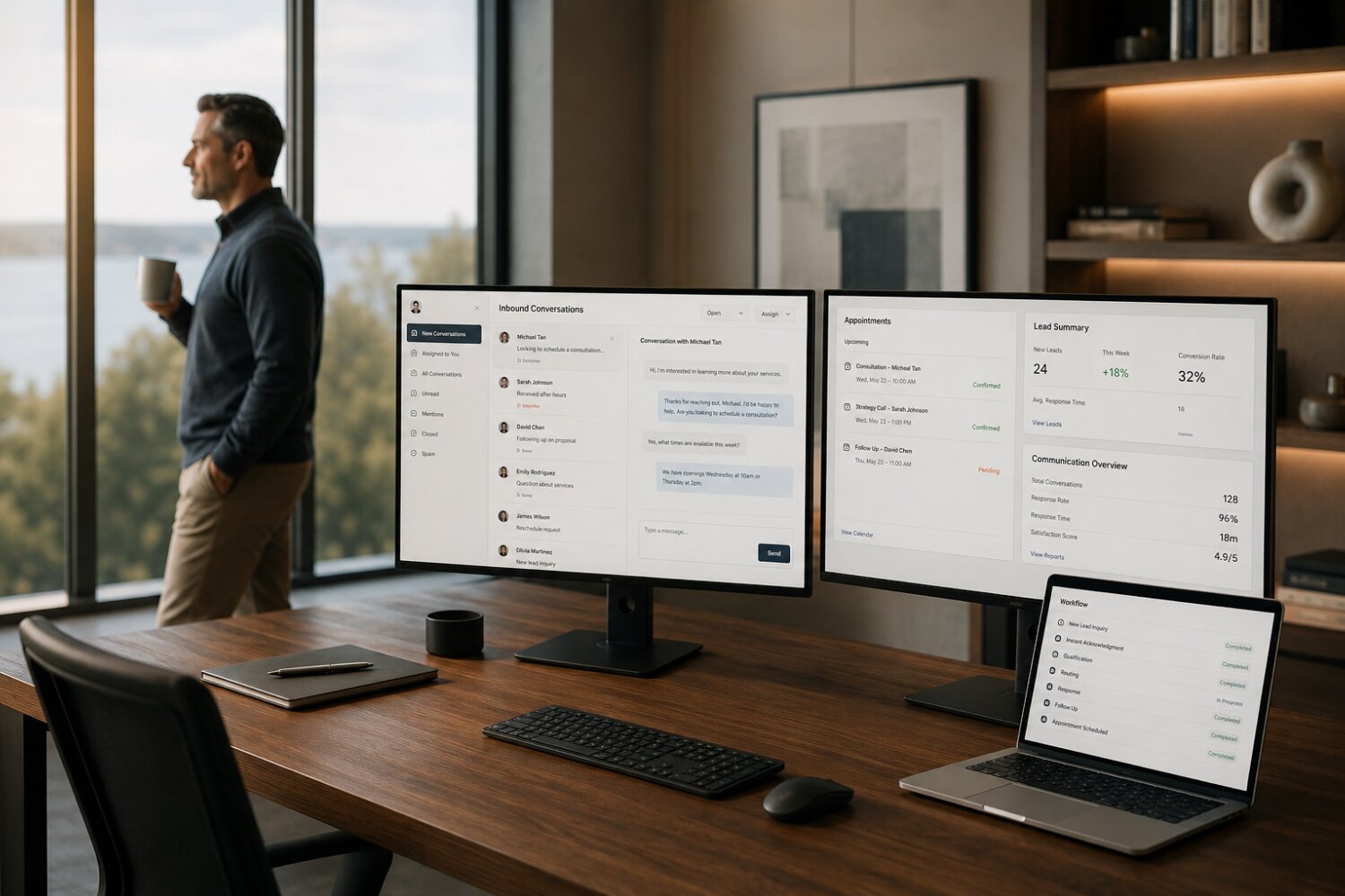 Business professional reviewing AI-powered inbound call management dashboard in modern office.