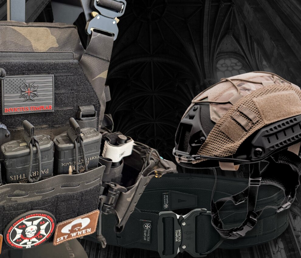 Tactical vest, helmet, and modular gear displayed against dark cathedral-style background for preparedness branding.